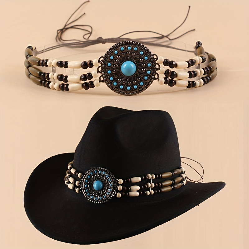 

Vintage Fashion Hatband With Mixed Wooden Beads And Synthetic Turquoise Gemstone - Suitable For Non-elastic Use, Dance Parties, And Holiday Themes. Adjustable With A Cord Closure.