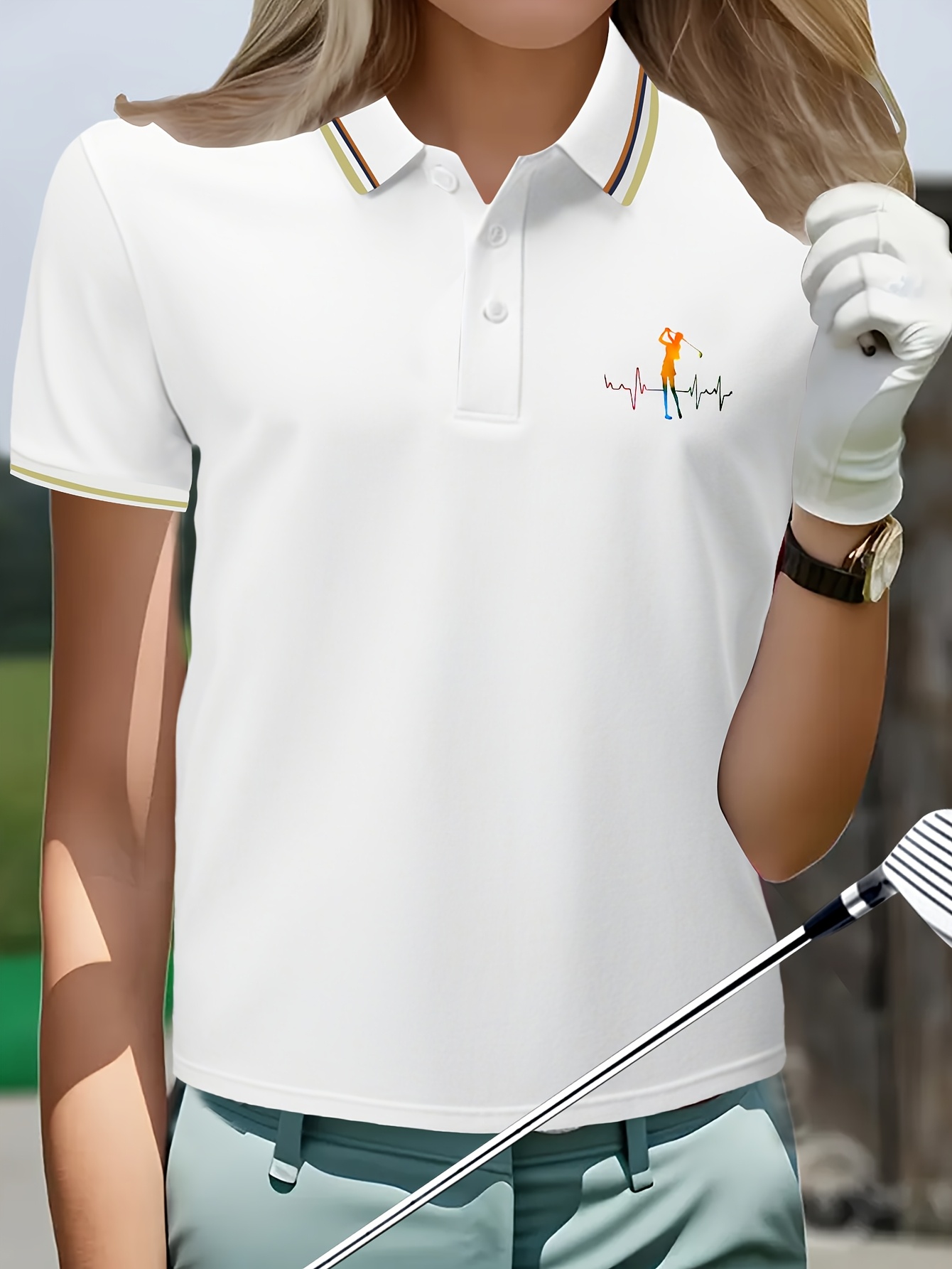 dames zwarte golf shirt met golf logo casual korte mouw