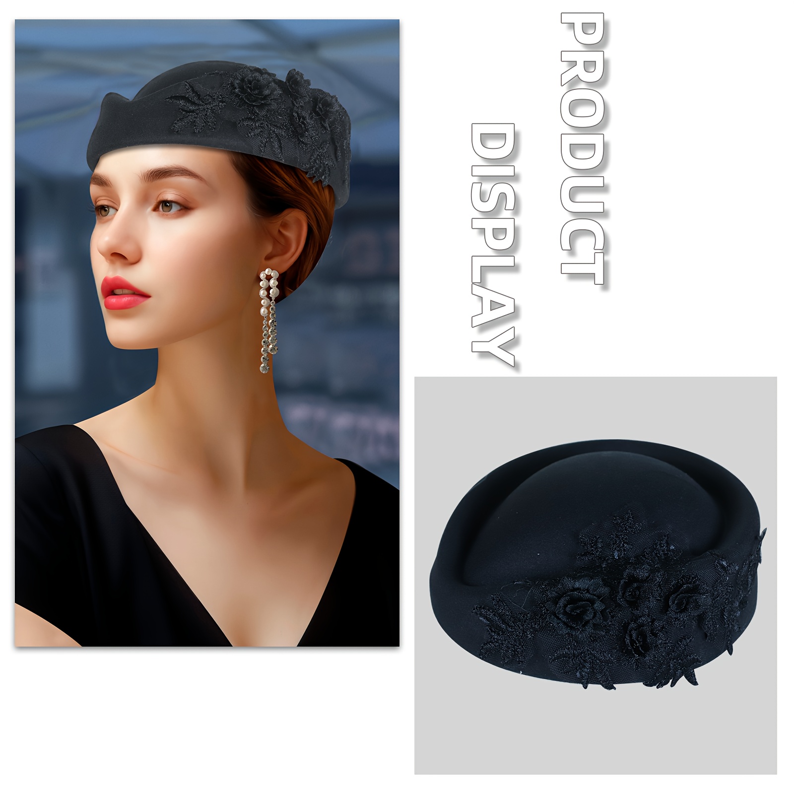 Women\'s British Felt hat Church Derby Headdress Floral Beret hat Black womens vintage british felt fashion flower rolled brim - Temu main image 3