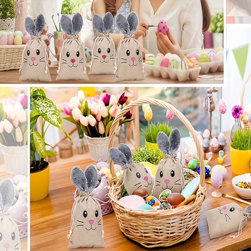 

10 sacs de lapin de Pâques avec cordons de serrage, sacs en toile de jute pour cadeaux de fête de lapin de Pâques avec oreilles de lapin.