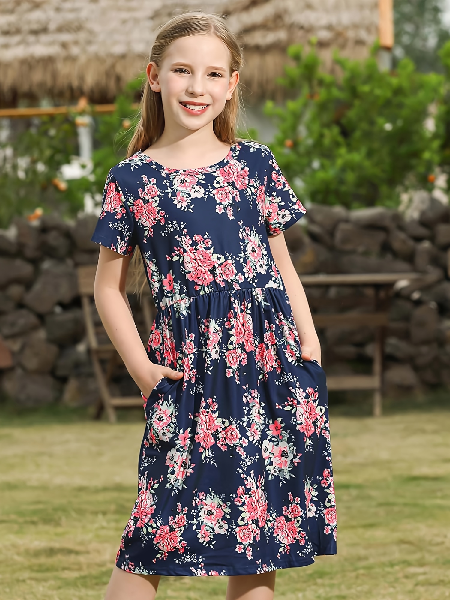 Girls Casual Plants Floral Short Sleeve Maxi Dress Pockets - Temu