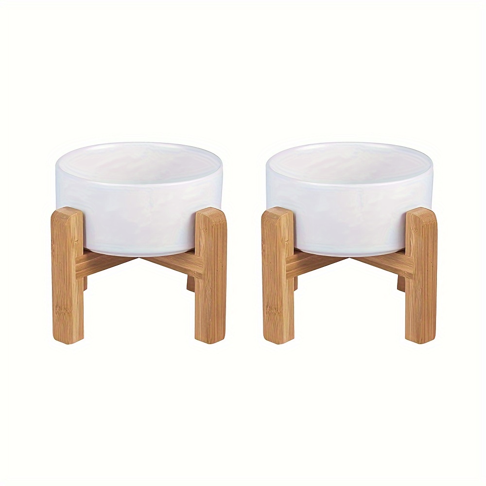 

Ceramic Raised Dog Bowls, Medium - Set Of 2 - Non Slip Wood Stand - Anti Vomiting - 850 Ml