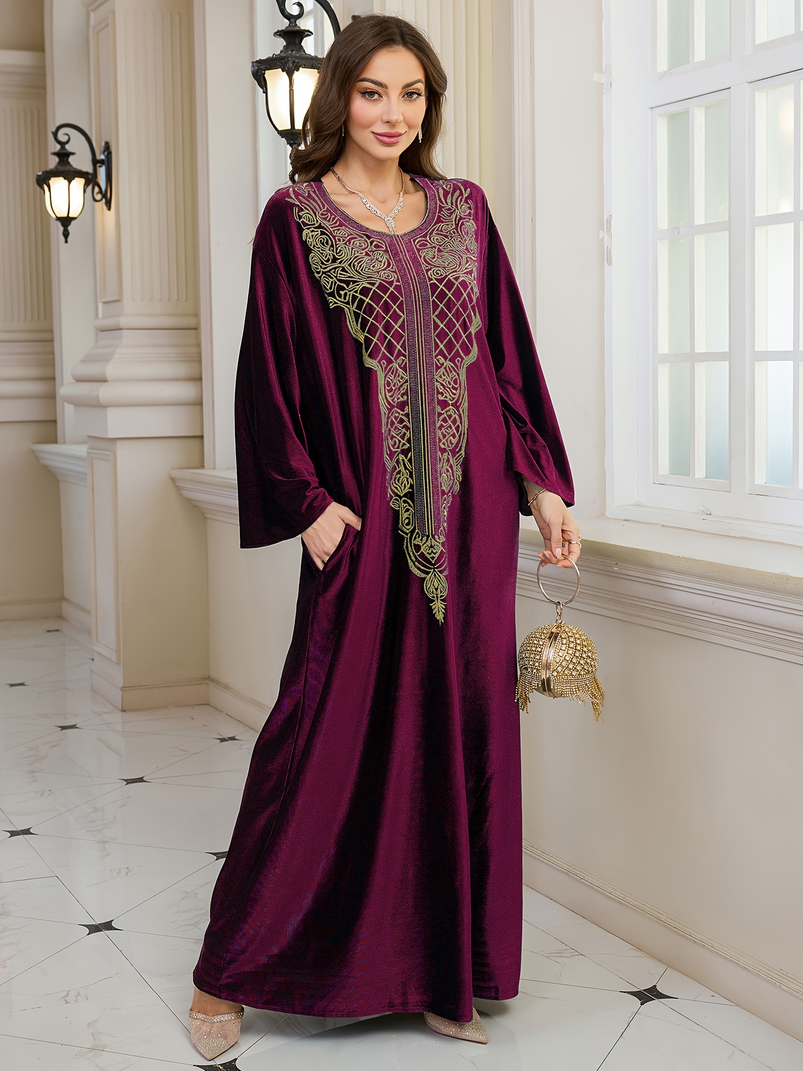 wine red embroidered round neck long sleeve ethnic - Temu