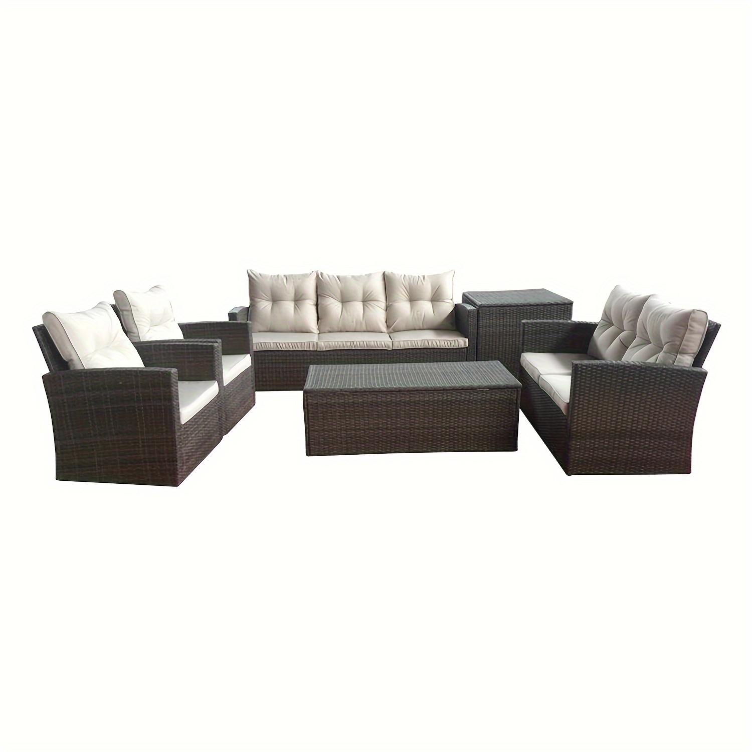

6pcs Rattan Sectional Sofa Set, 7-seater Outdoor Patio Furniture With Love Seats, Chairs, Cushions & Table, Steel Frame, Garden Lawn Pool Backyard Lounge Decor