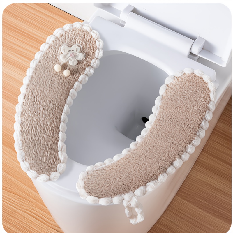 E-shop 2er-Pack Korallenfleece-Toilettensitzkissen, Einzelnes Blumenmuster, 4-Punkt-Fixierung, Weißer Rand, Tragegriff, Handwaschbar, Universelle