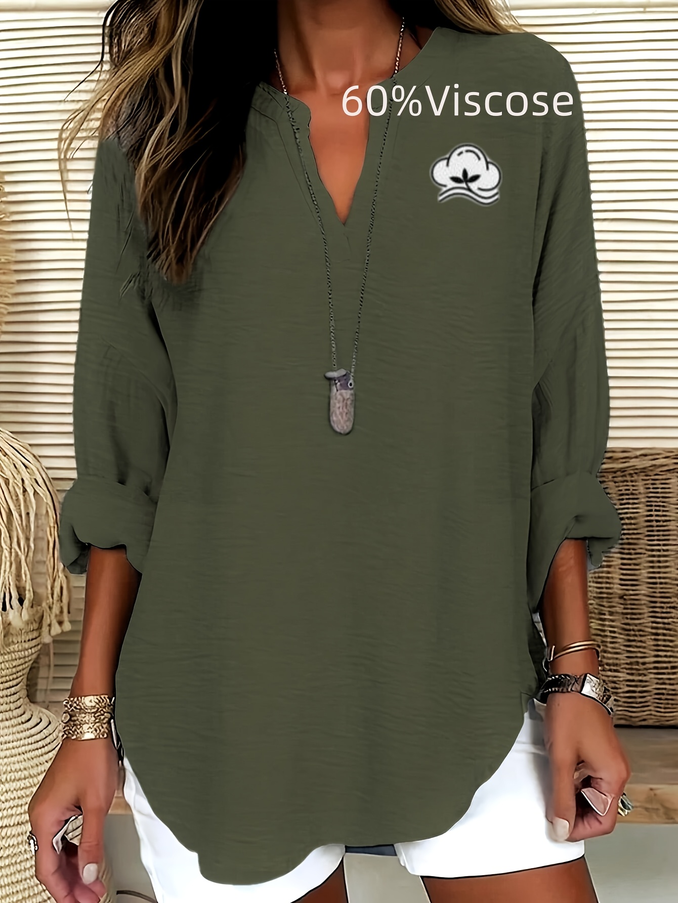 2025 spring summer   lazy style notched v neck drop shoulder solid color long sleeved curved hem womens top