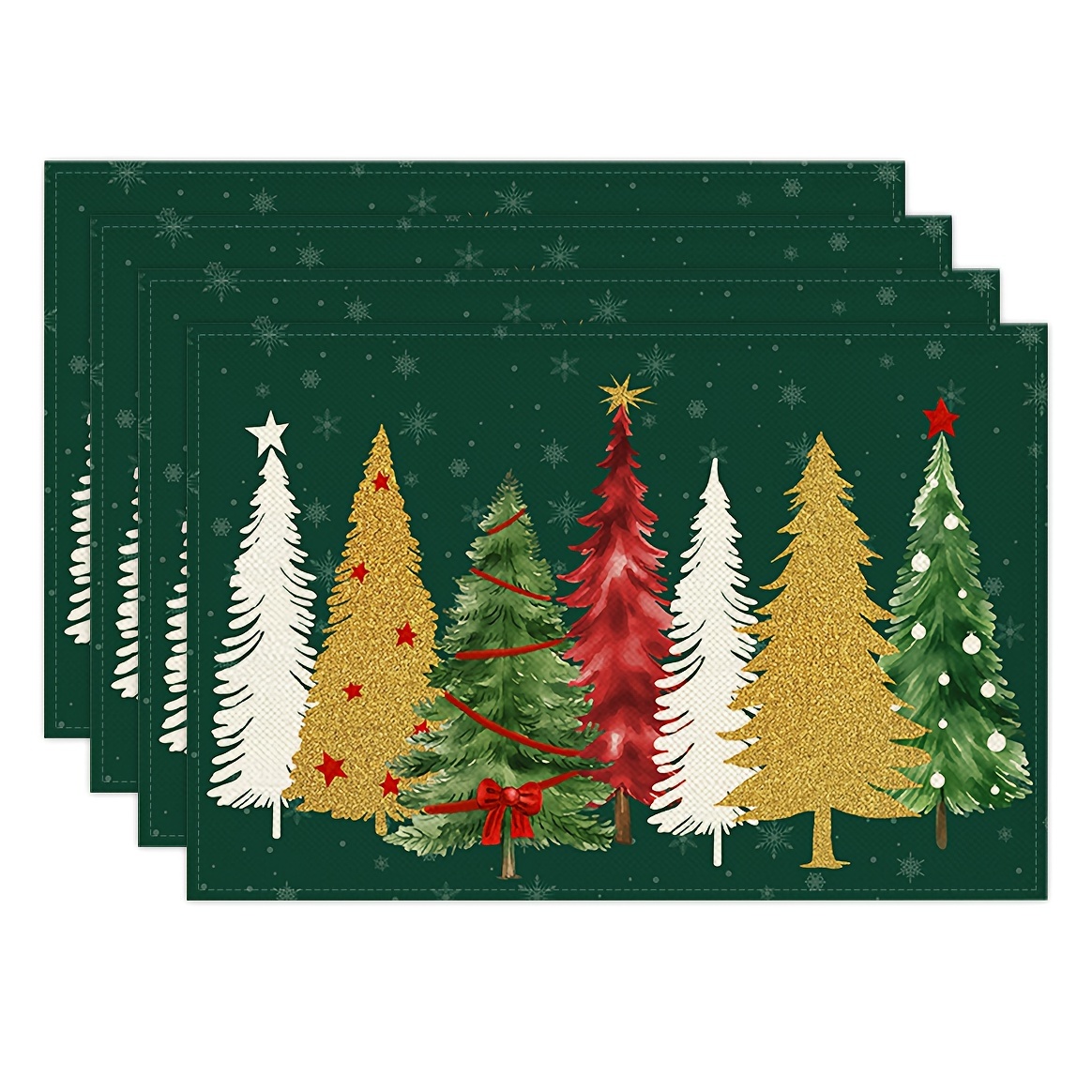 

4-pack Christmas Tree And Snowflake Placemats - 12"x18" Woven Polyester Table Mats, Machine Washable, Square, Durable For Holiday Dining & Kitchen Table Decor