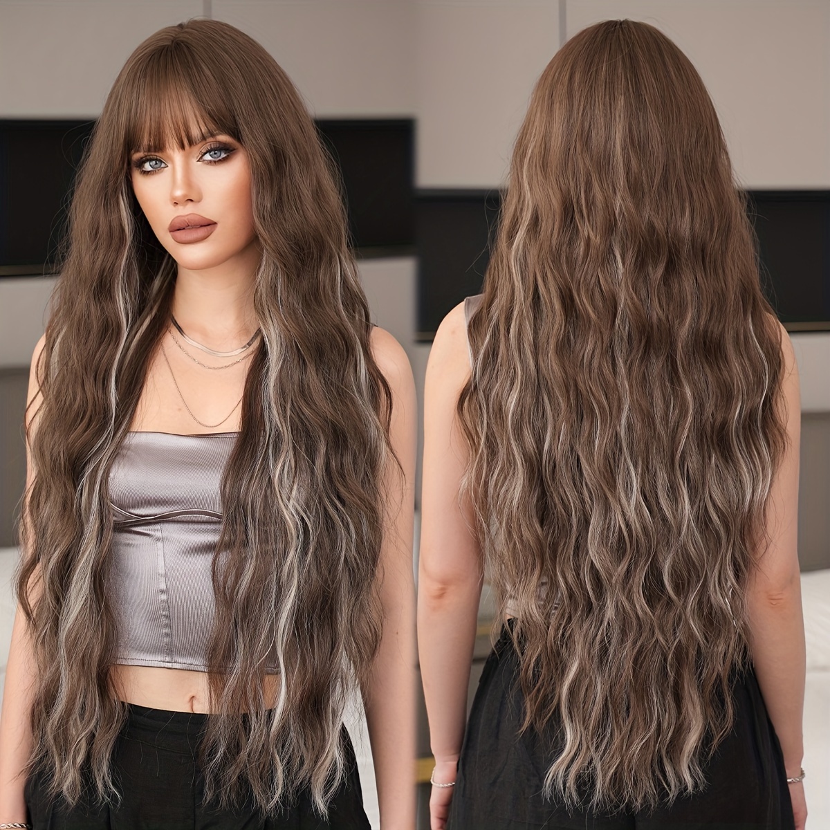 Image of Halloween Dress Up Wig Routine Wig Long Loose Wave Wig With Bangs High Density Highlight Silvery Wig Heat Resistant Synthetic Wig For Women Daily Party Use 36 Inch