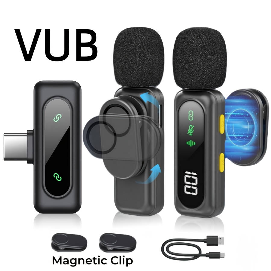TEMU Professional Wireless Lavalier Microphone With Digital Battery Display, Feather Windshield, 360° Omnidirectional, Usb-c Connector, 100ft Range,