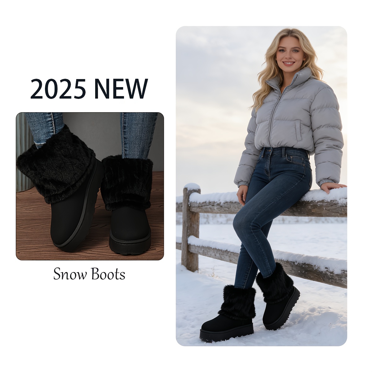 TEMU Women's Fashion - Lined Winter Snow Boots - Thick, Warm Fabric And Lining, Sole, Black/beige/camel, Outdoor - Lined Thickened Short Boots, Women