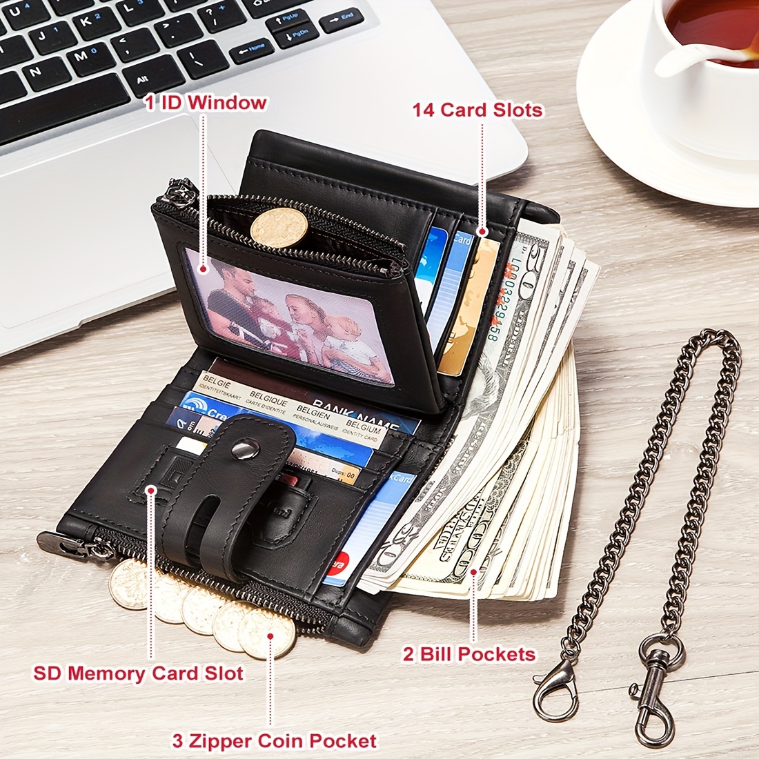 

Mens Wallet With Chain Genuine Leather Purse Rfid Blocking Bifold Double Zipper Coin Pocket With Anti-theft Chain