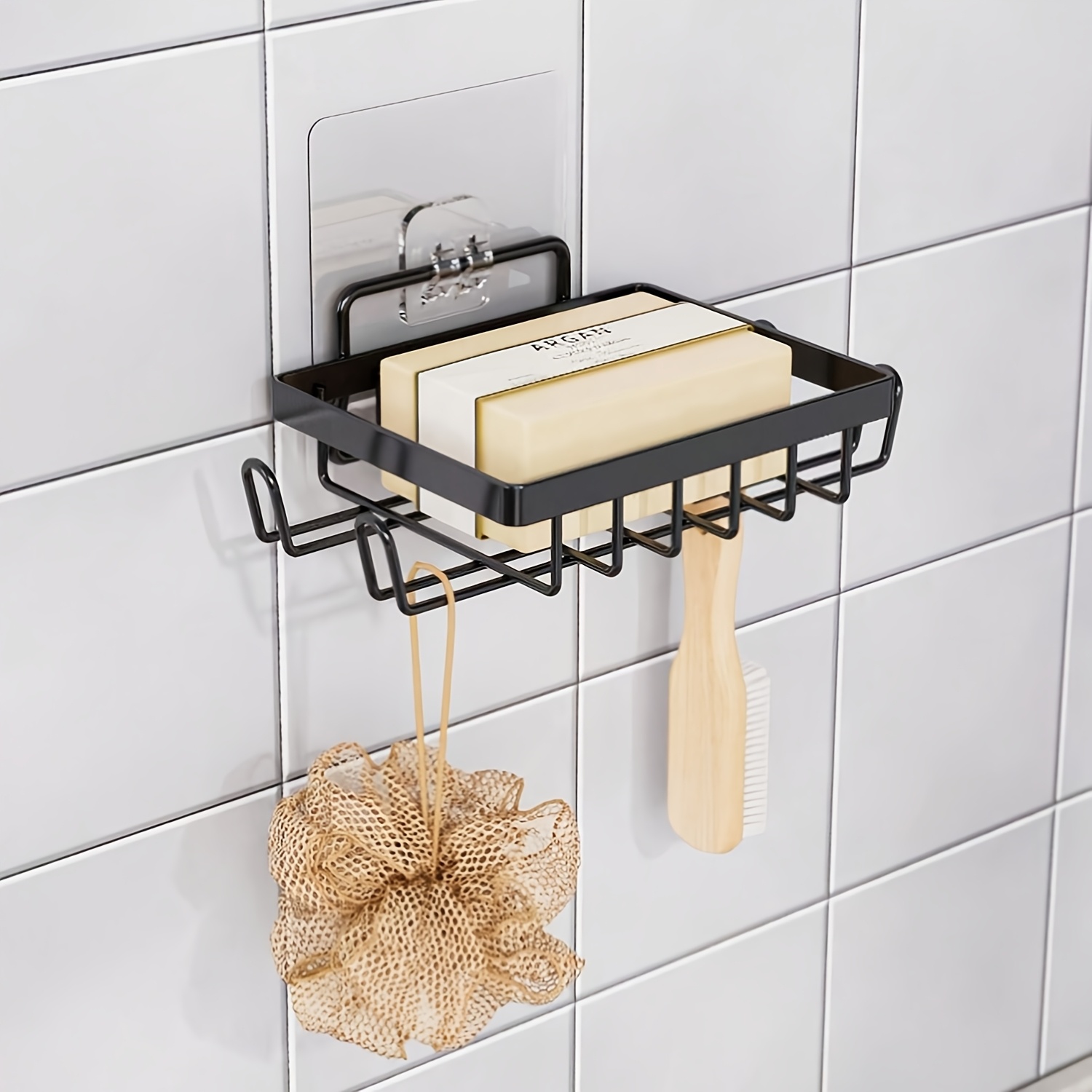 

Heavy-duty Metal Soap Dish With Drainage & Hooks - Square Wall-mounted Holder For Bathroom , Iron Construction, Includes Wooden Brush & Sponge Storage, Shower Accessory|sleek Black | Drainage Design