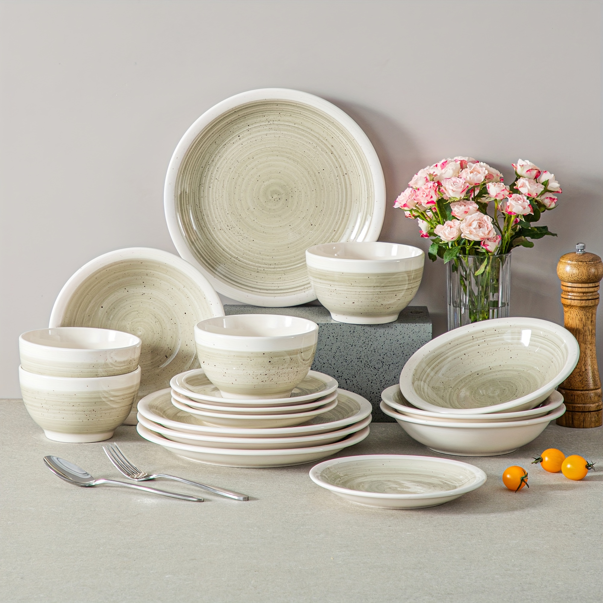

16pcs Dinnerware Se, Beige Tableware, Porcelain Dining Set, Reusable And Washable Plate Bowl , For Home Kitchen, Restaurant, Party And Holiday, Kitchen Organizers And Storage, Kitchen Accessories