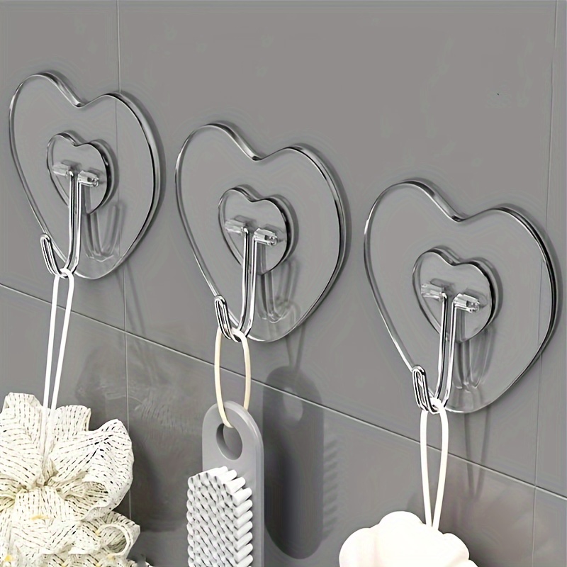 

20pcs/10pcs Heart-shaped Transparent Stainless Steel Adhesive Hooks Bathroom Towel Clothes Storage Sticker Hooks Key Hangers Storage