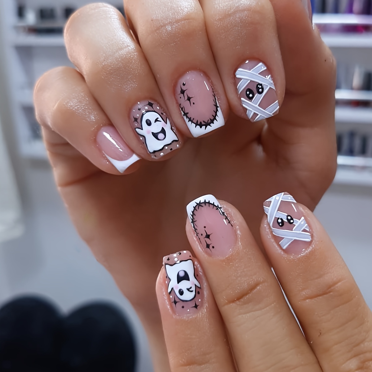 TEMU 24pcs Halloween Cute Cartoon Short Square Nail Stickers With, , And Star Designs, Wearable Fake Nails, Removable Nail Tips Set For Women' Wear,