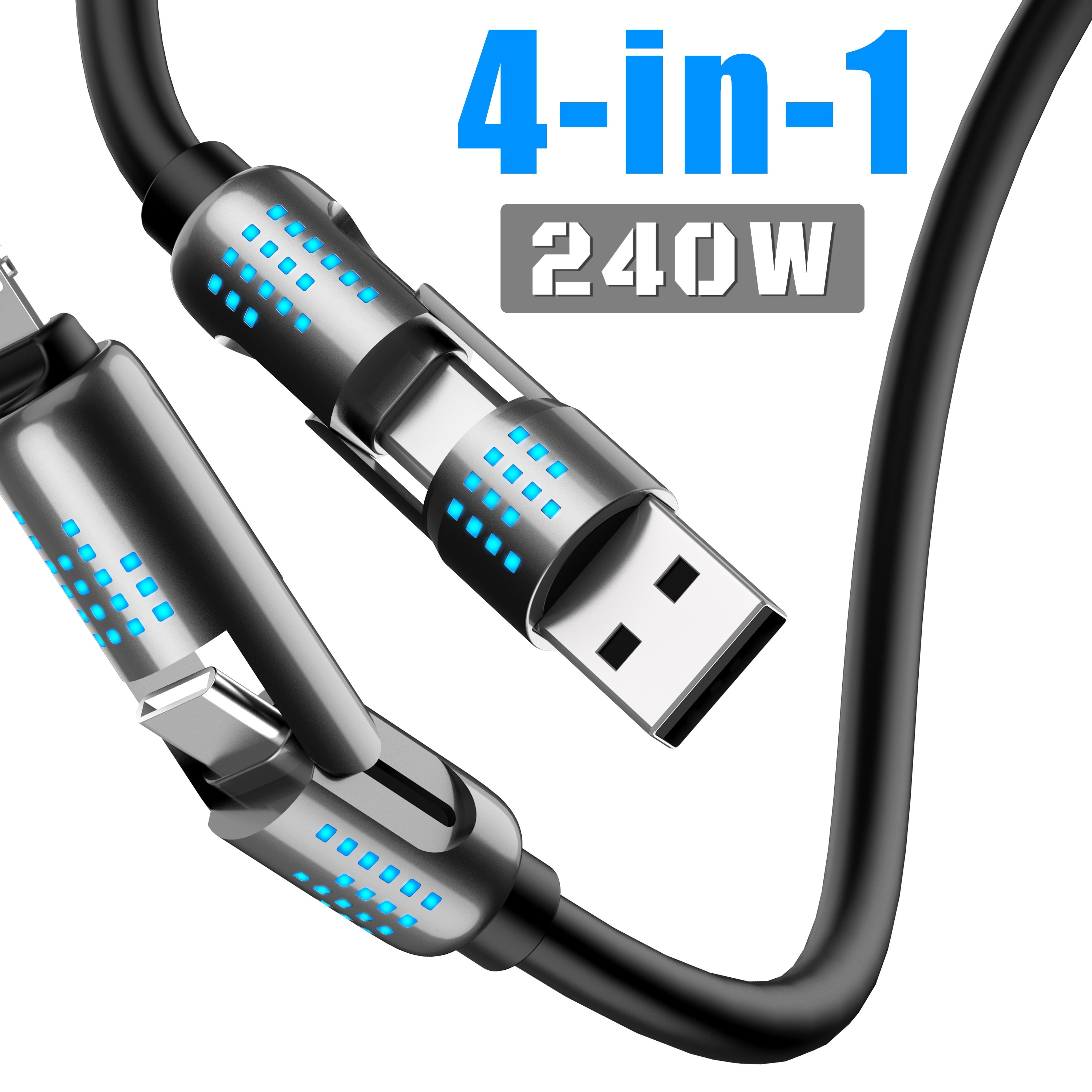 

240w 4-in-1 Usb-c Cable - Pd 5a Fast Charging & Data Sync With Usb A, Type C, Breathing Light, Aluminum Alloy Design, 4ft Silicone Cable, Compatible With Iphone 15/14, Ipad Pro, Samsung, And Laptops