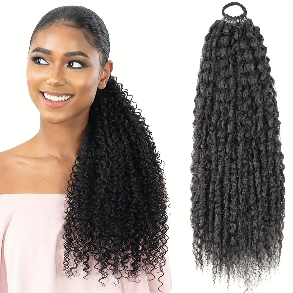 20-inch long curly fluffy ponytail extension with a drawstring for women, featuring clip-in synthetic hair details 2