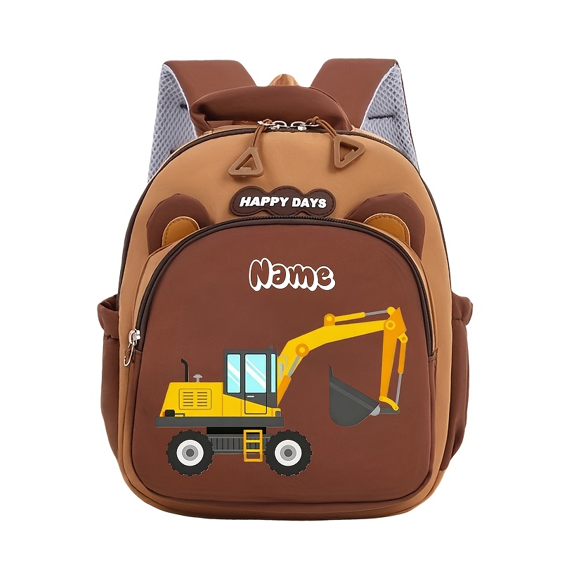TEMU Cartoon Excavator Engineering Vehicle Pattern Backpack, Customizable With A Name, Versatile, Lightweight, And Durable, Large Capacity In