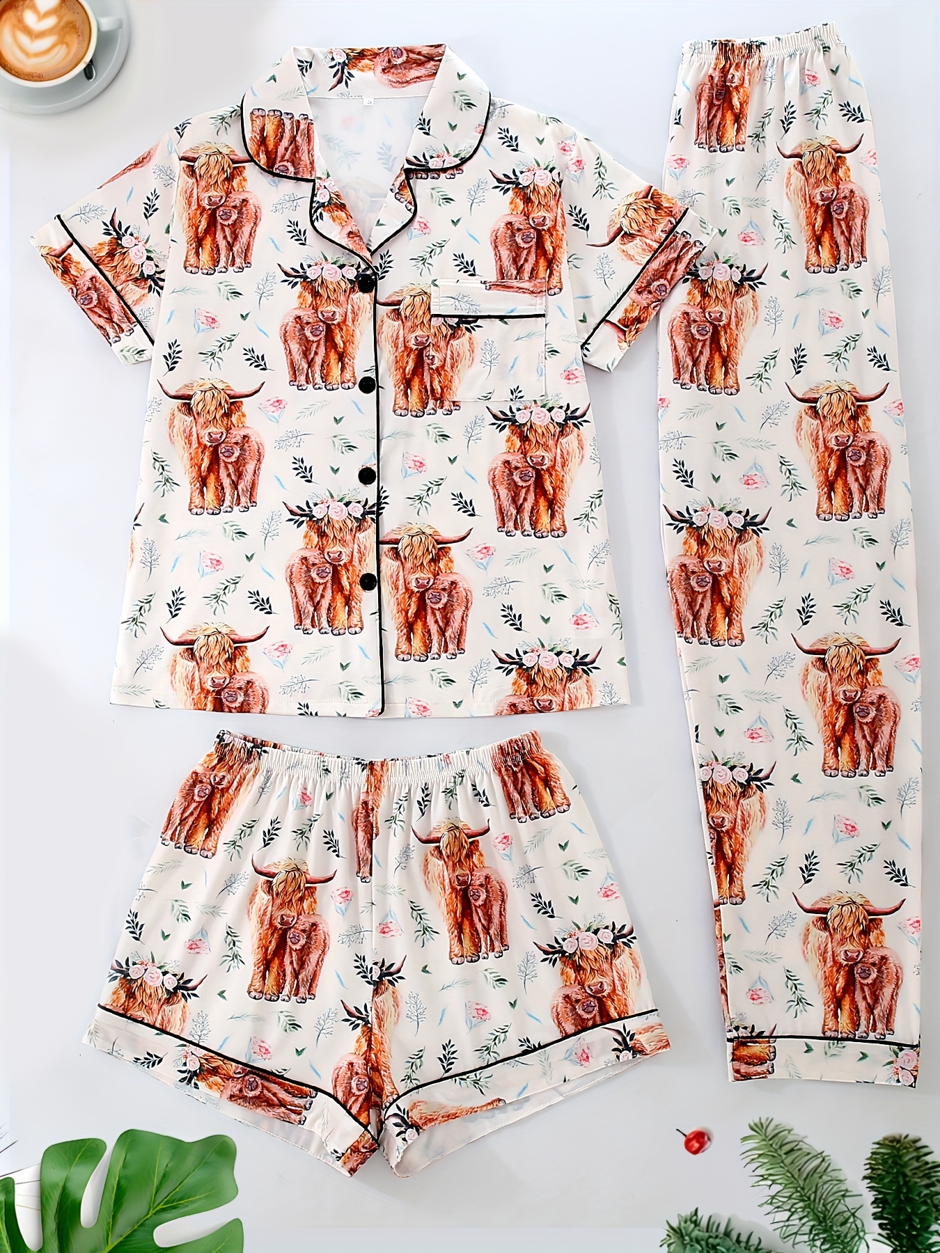 womens pajama set cute cartoon animal cow   casual lapel top with elastic waist shorts and long pants     wearable   and pocket details   adult sleepwear home outfit Product details 0