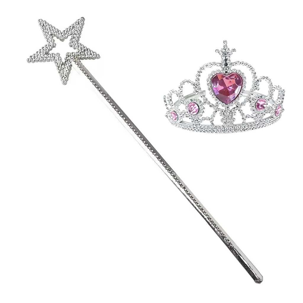 TEMU 2pcs Heart Crown Magic Wand Set, Silvery Pentagram And Heart Grid Crown, Princess Party Dress-up Accessory, Cosplay Costume, Birthday Gift