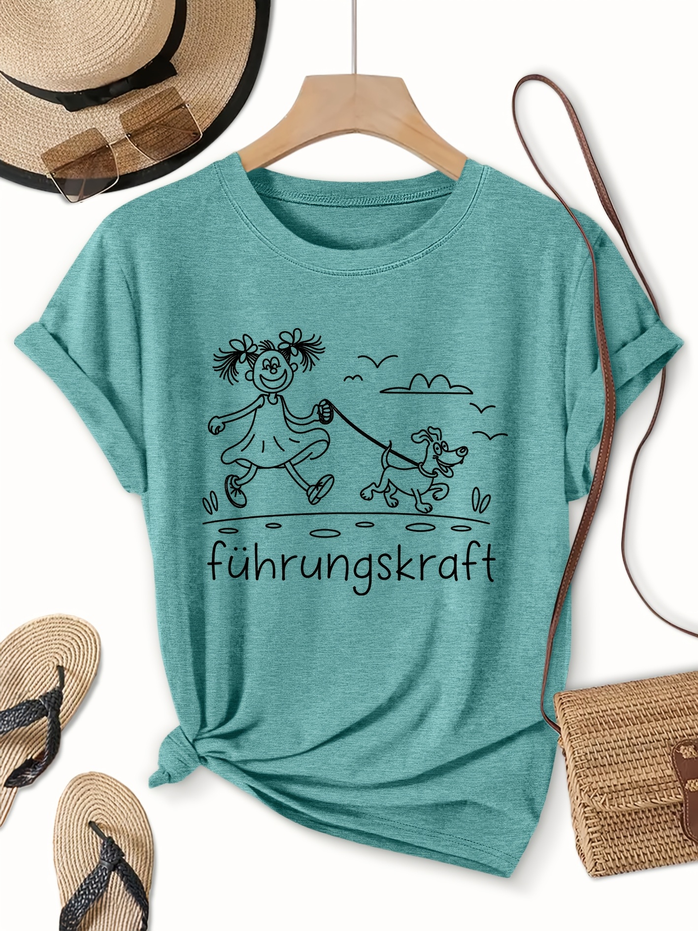 a womens short sleeve t shirt for dog walking featuring a   f hrungskraft print this casual round neck top is suitable for spring summer and autumn made from stretchy   and breathable fabric its   stylish