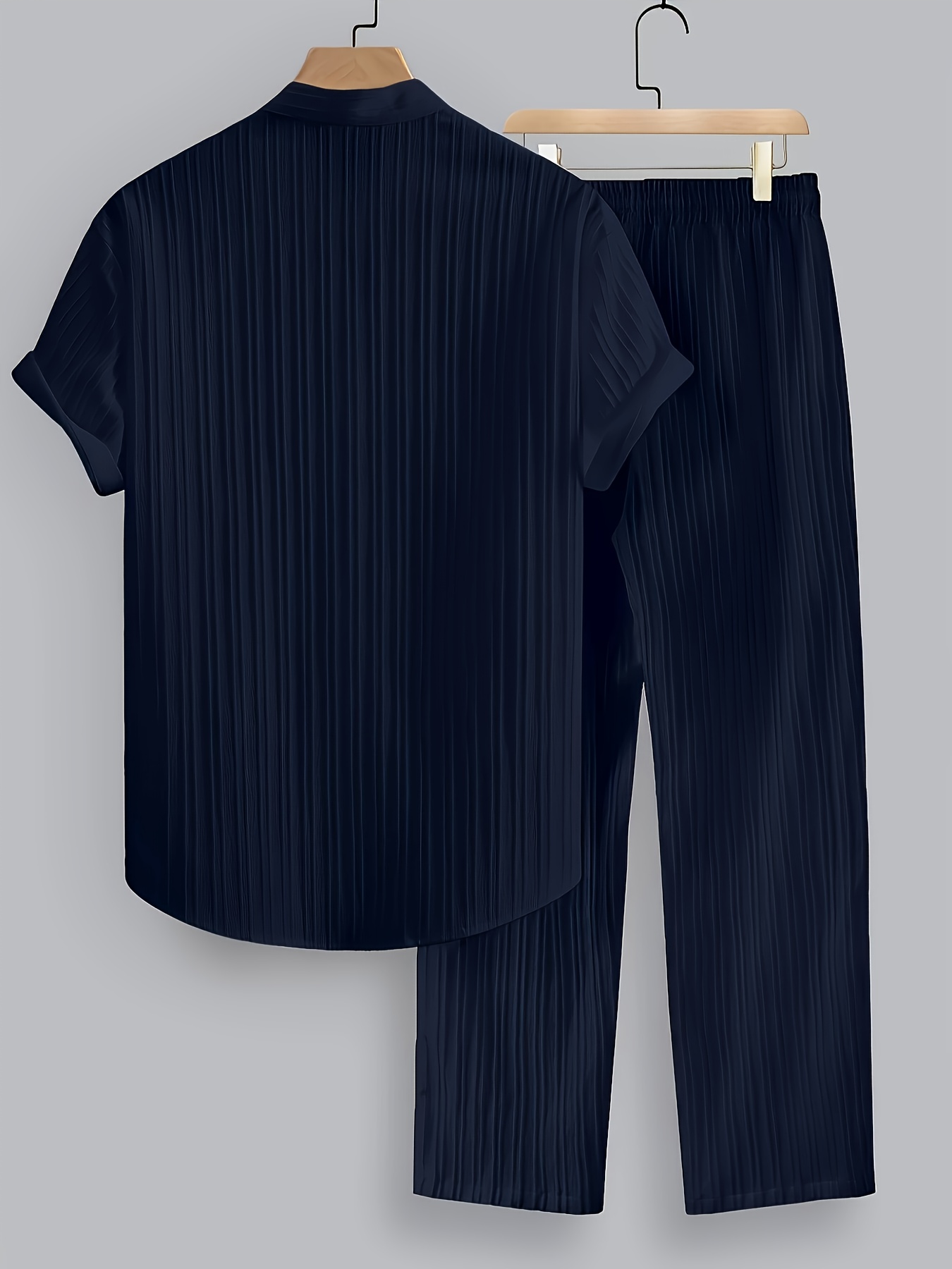 Men's Summer Set with 2 Color Options. Polyester Striped Casual Set - Short Sleeve Lapel Shirt and Drawstring Pants, Non-Stretch Fabric, Regular Fit for Daily and Beach Wear, Beachwear | Casual Summer Wear | 1pc Short Sleeve Shirt + Long Pants Set.