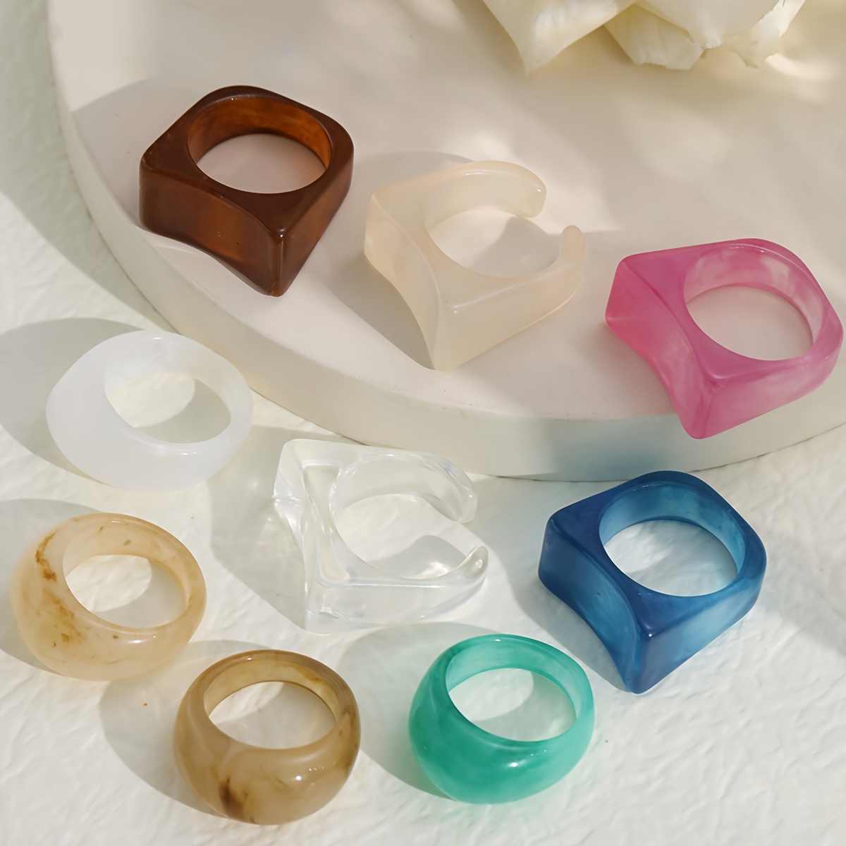 9 piece plastic ring set women colorful simple chunky band