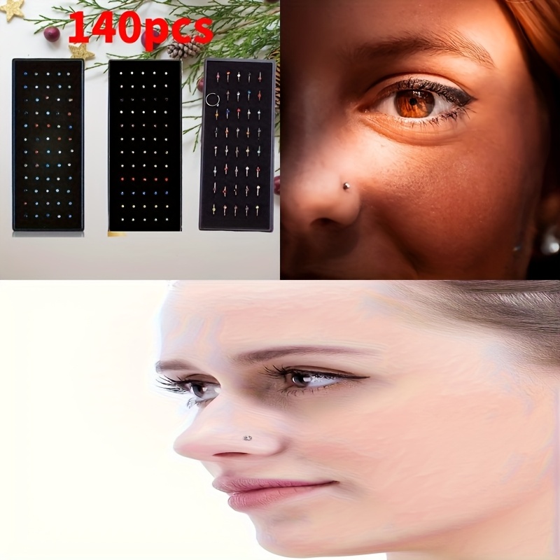 TEMU 140pcs Colorful Stainless Steel Nose Rings 60 Vertical + 40 Curved + 40 Round Combo Set With Screw Type, 90° Curved Nose Studs & Stainless Steel