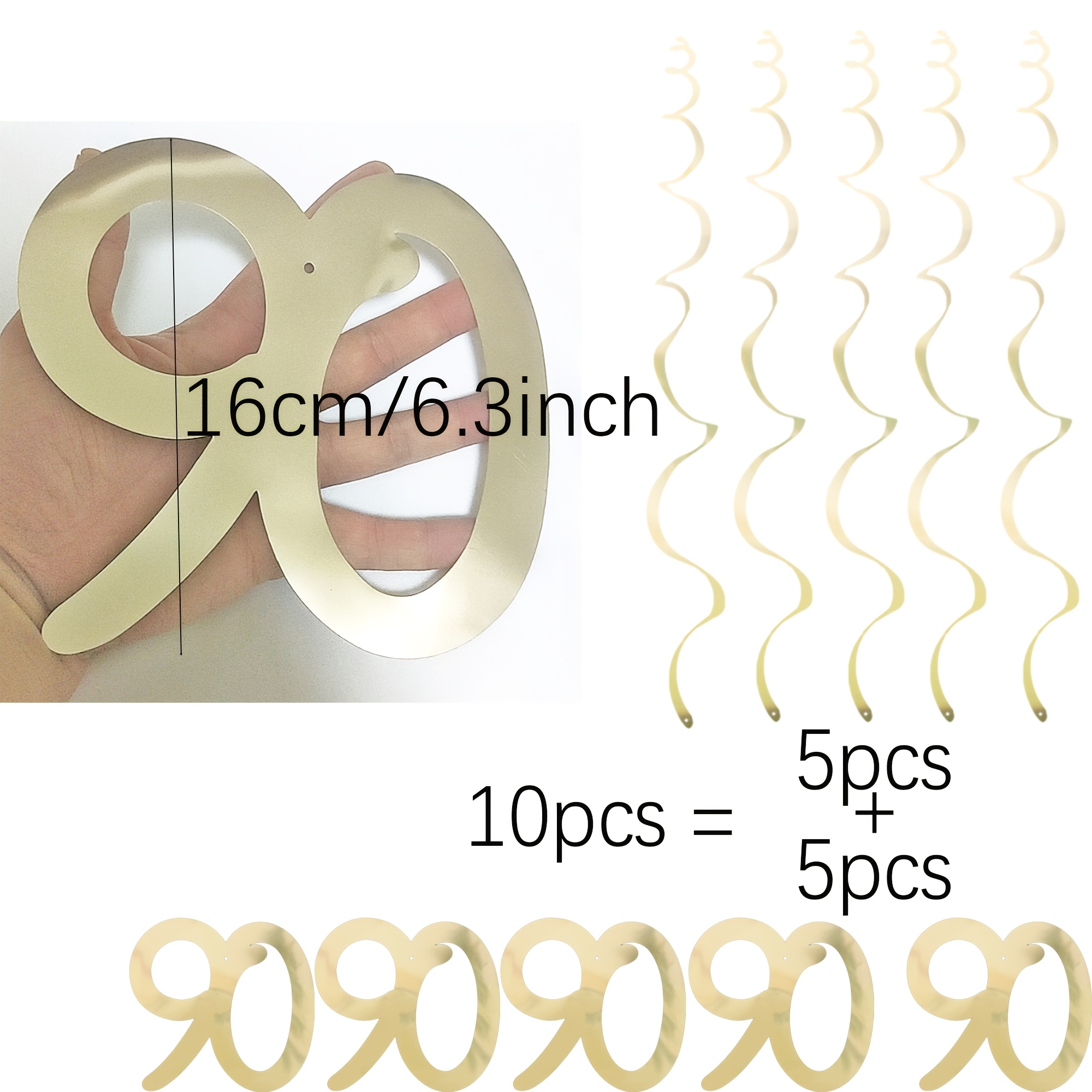 TEMU 10pcs Large Number 90 Pvc Party Spinner Hanging Ornaments - Streamers, Champagne Golden, Suitable For 90th Birthday Or Anniversary Ceiling