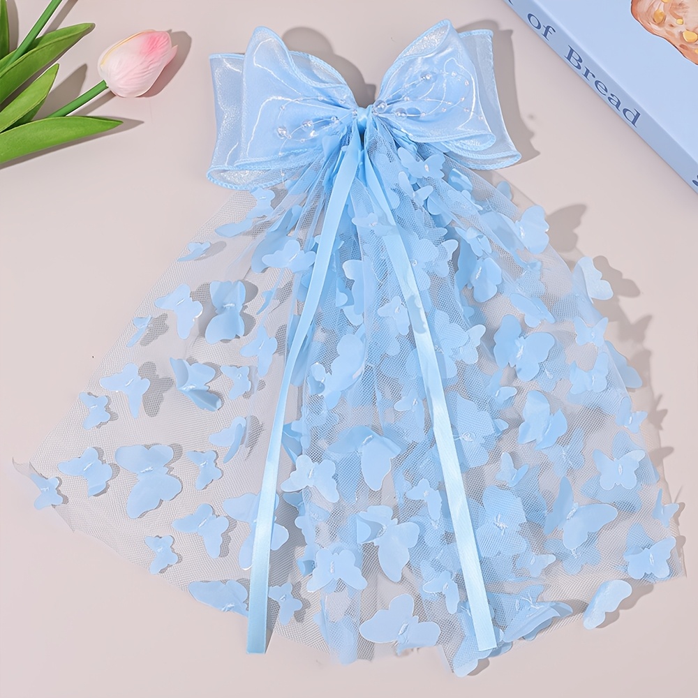 Image of 1pc Elegant Print Large Mesh Hair Bow Clips For Women, Sweet Beaded Ribbon Bow Hair Barrettes For Daily Wear, Clips, Perfect Gift For, Sophisticated Hair Additions For , Valentine's Day Hairpins