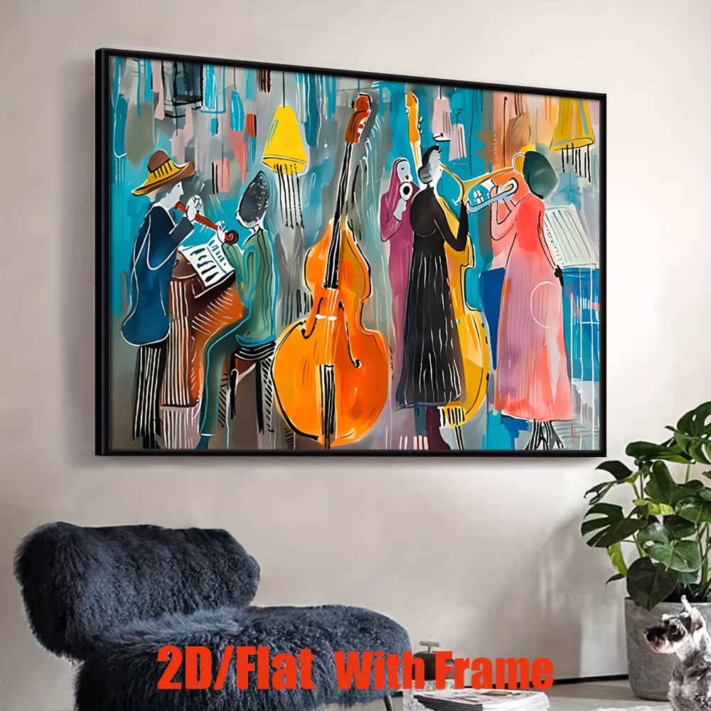 TEMU 1pc Abstract Musician Painting Wall Art - Vibrant Musicians With Instruments, Premium Framed Canvas, Classic Abstract Art For Living Room,