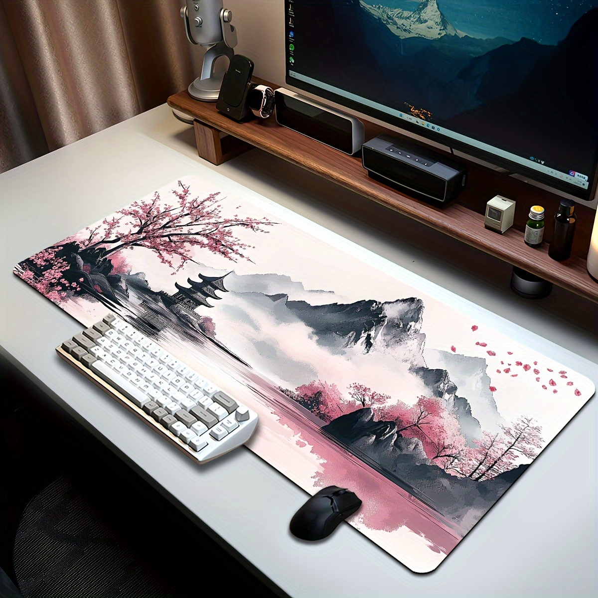 TEMU 1pc Larger Mousepad Japanese Ink Landscape Pattern Durable Competitive Gaming Keyboard Pad Desktop Mousepad, Laptop Office Mousepad - Non-slip