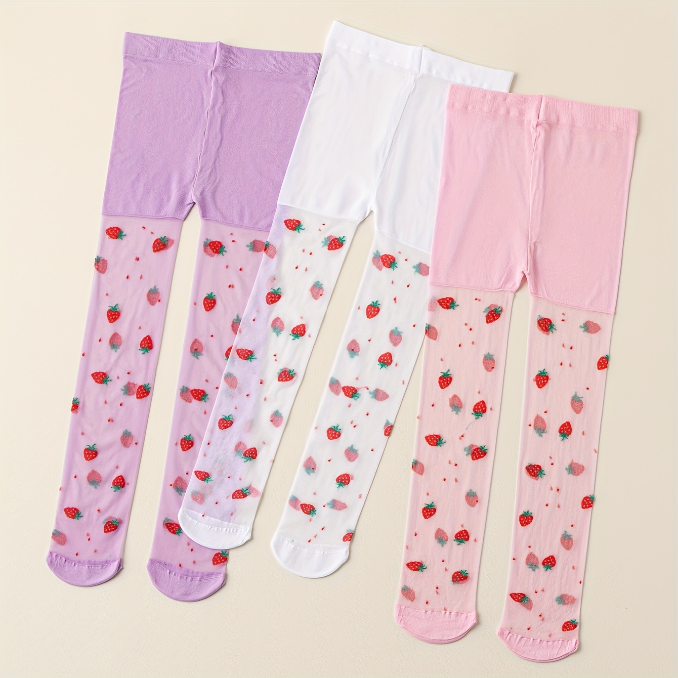 Image of 1/3 Pairs Of Children's Tights, Girls' Tights, Strawberry Pattern Tights For 2-16 Year Old Sweet Girls, Back To School, Girls' School Socks