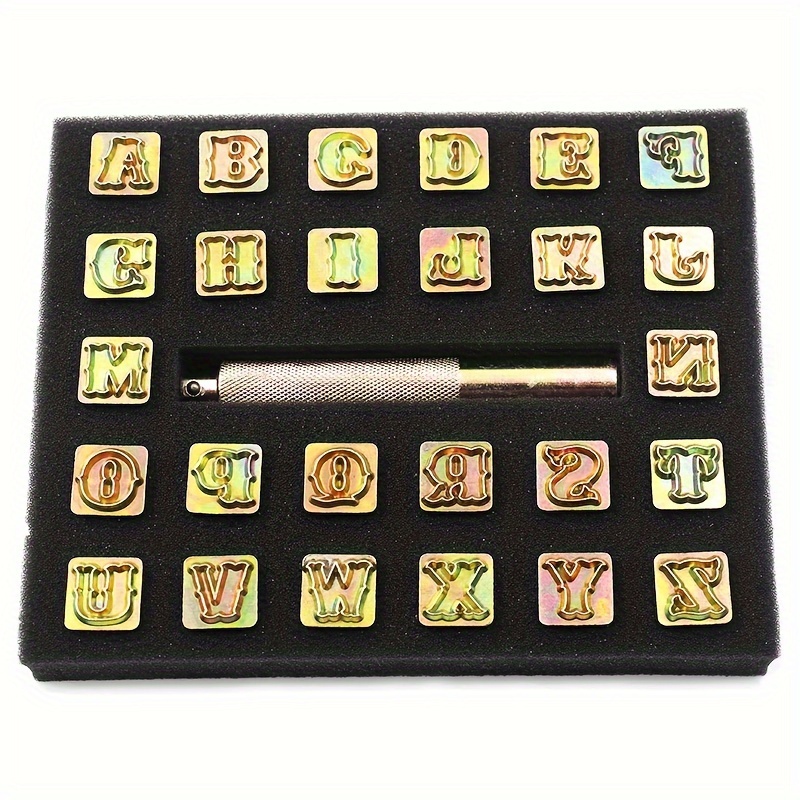 Premium * Leather Stamping Kit with 26 Fancy * Letters &amp; Handle - Durable Metal Alphabet Tools for *, 13mm, * Leather Stamping Tools