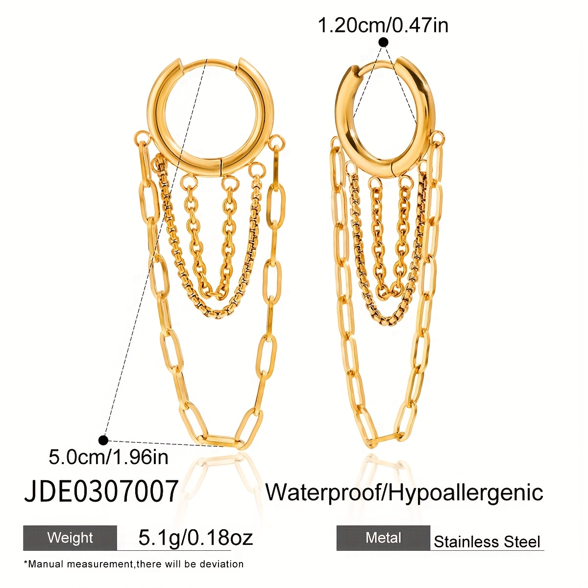 E-shop 2er-Set 18K vergoldenete Titanstahl-Ohrschmuck mit Kaskadenkettenquasten | Hypoallergen & Farbecht, schicke Statement-Schmuckstücke für Damen