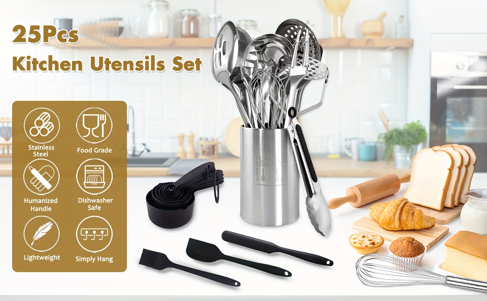 25  cooking utensils set stainless steel kitchen utensils set for cooking heat resistant spatula set   with turners serving spoon ladle skimmer pasta server father gift details 0