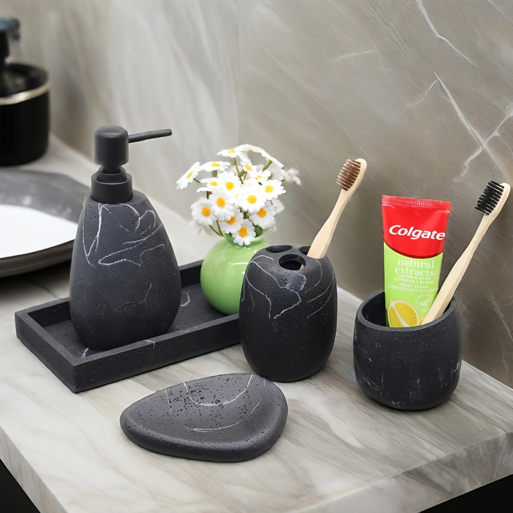 A 4pcs Bathroom Toiletries Set, Including a Mouthwash Cup, a Soap Dispenser, a Toothbrush Holder, And a Soap Dish, Available in Matte Black, White, Or Light Brown Bathroom Furniture Sets, Along with Decorative Accessory Sets