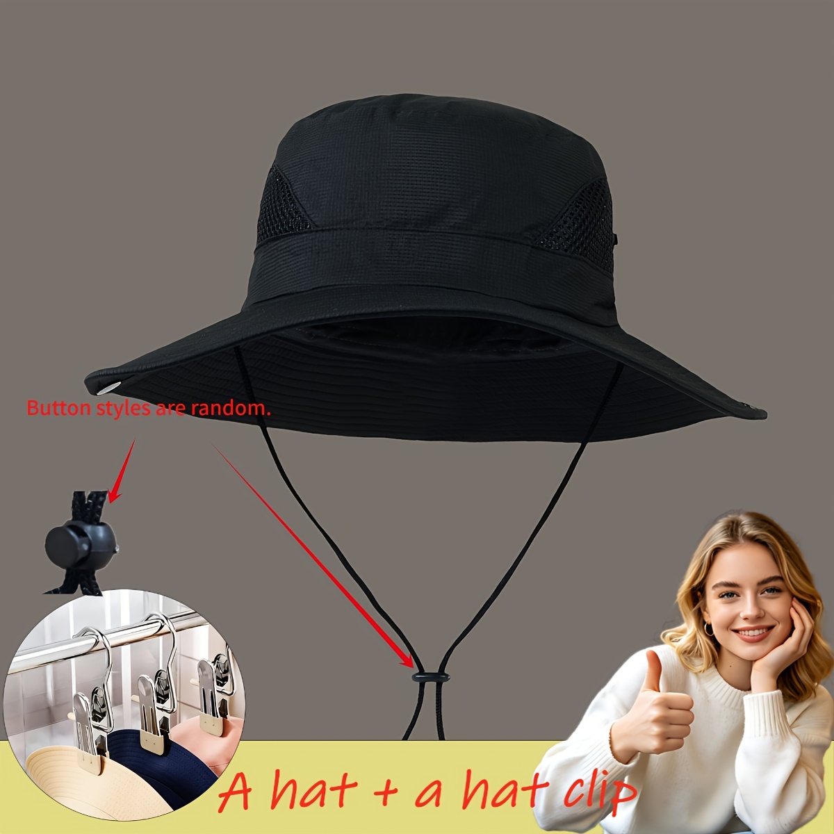 TEMU 2pcs 1 Hat + 1 Hat Clip, Unisex Breathable Mesh Bucket Hat, Button Style Random, Adjustable Windproof Sun Hat, Suitable For Men's Hiking,