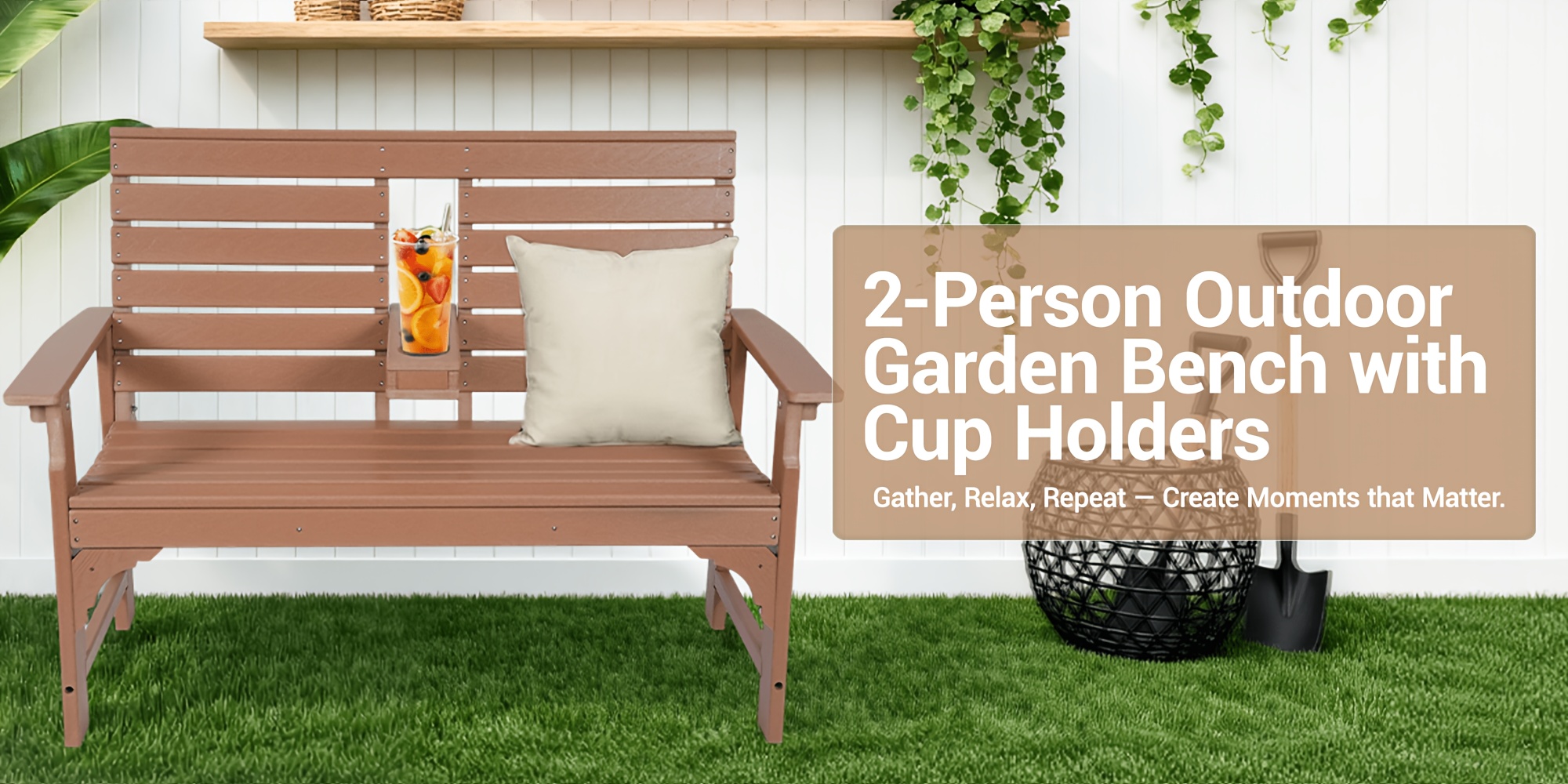 Patio Bench Designed for Two, Featuring Cup Holders And Made from HDPE, Ideal for Gardens And Porches, with Resistance to Fading And Rotting