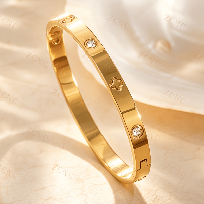 TEMU Znice 1pc Women's Fashion 18k Gold-plated 304 Stainless Steel Flower Bangle Bracelet, Hypoallergenic, Waterproof, And Fade-resistant Fashion