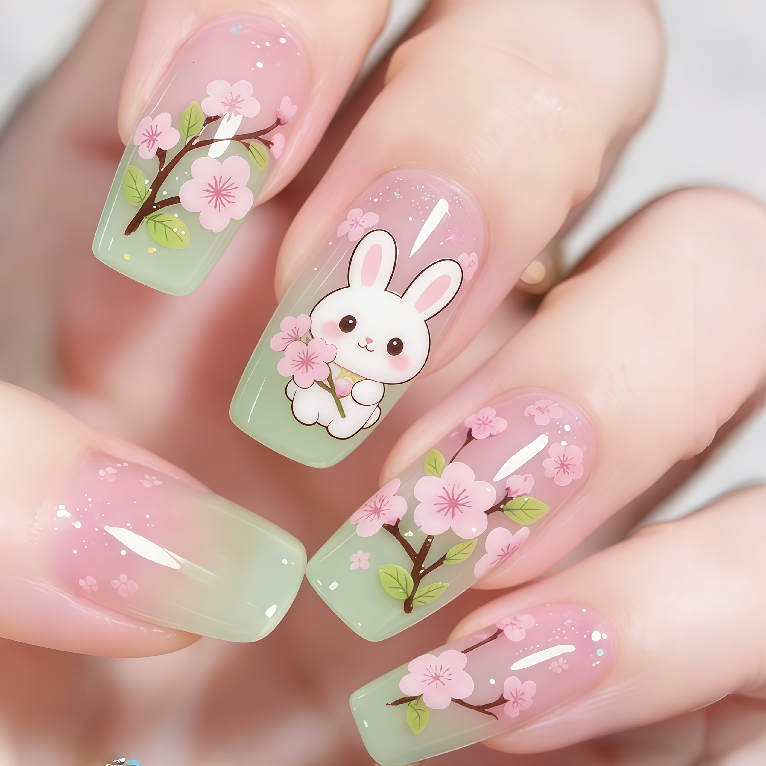TEMU 24pcs Handmade Press-on Nails Suitable For Easter Bunny & Flower Nail Art - Spring Summer Square Fake Nails With Bunny & Patterns, Reusable