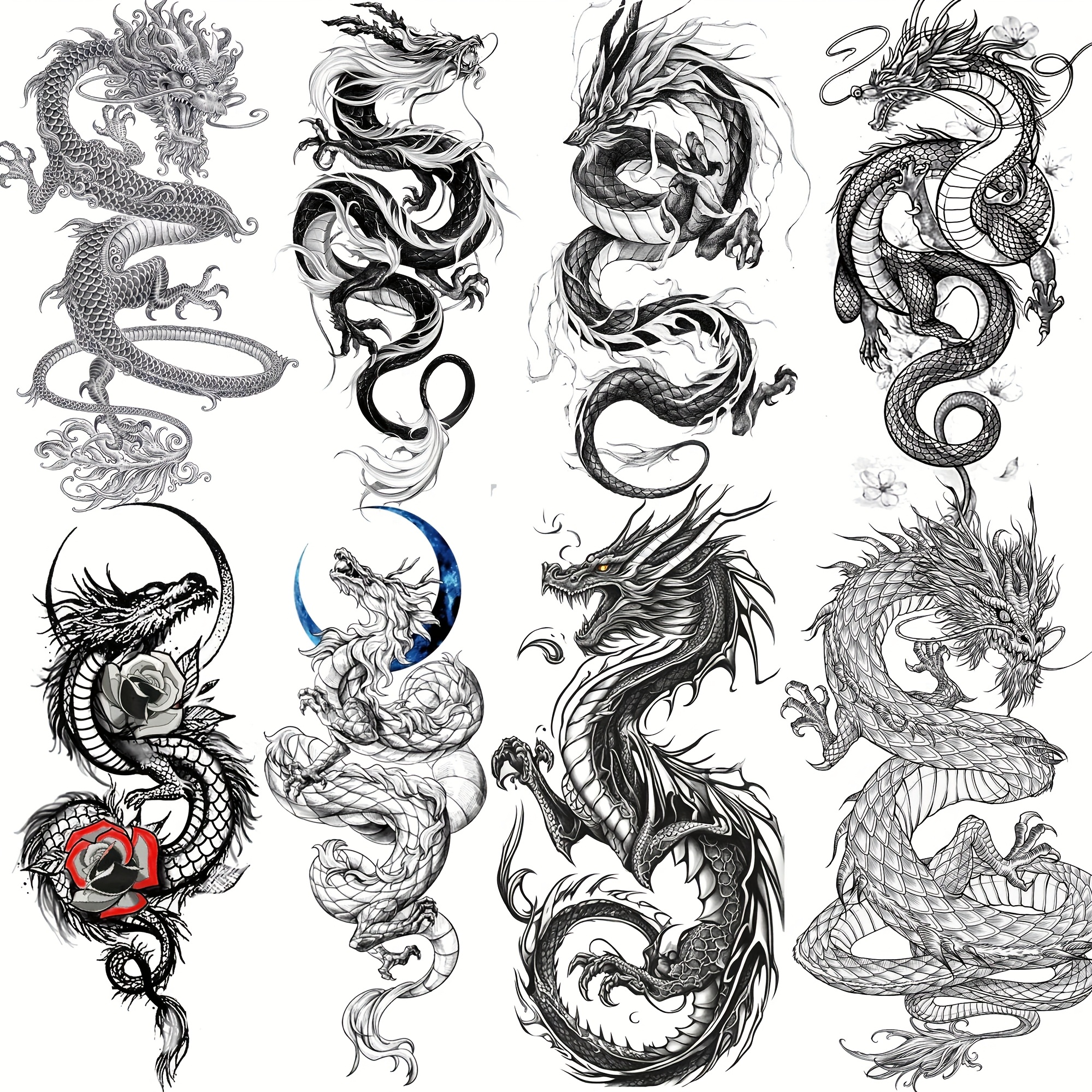 TEMU 8 Sheets Realistic Temporary Tattoos Suitable For Adults - Waterproof Dragon Tattoo Stickers With Tribal Designs, Long-lasting Fake Tattoos For