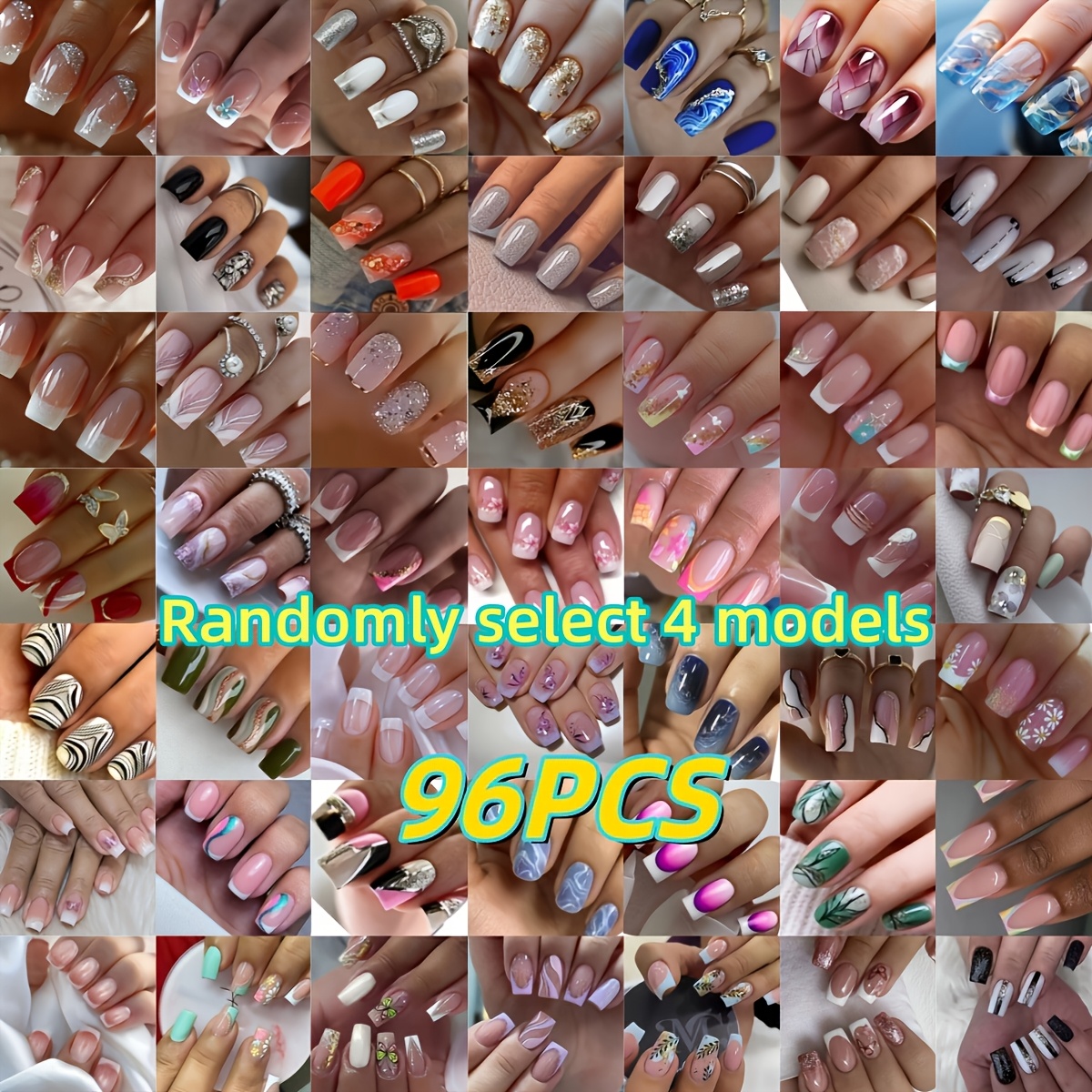 TEMU Showcase Your Beauty - 96pcs Random Assorted Styles, Medium Square Press-on Nails, Trendy Fake Nail Set, Full Coverage Press-on Nails For Women
