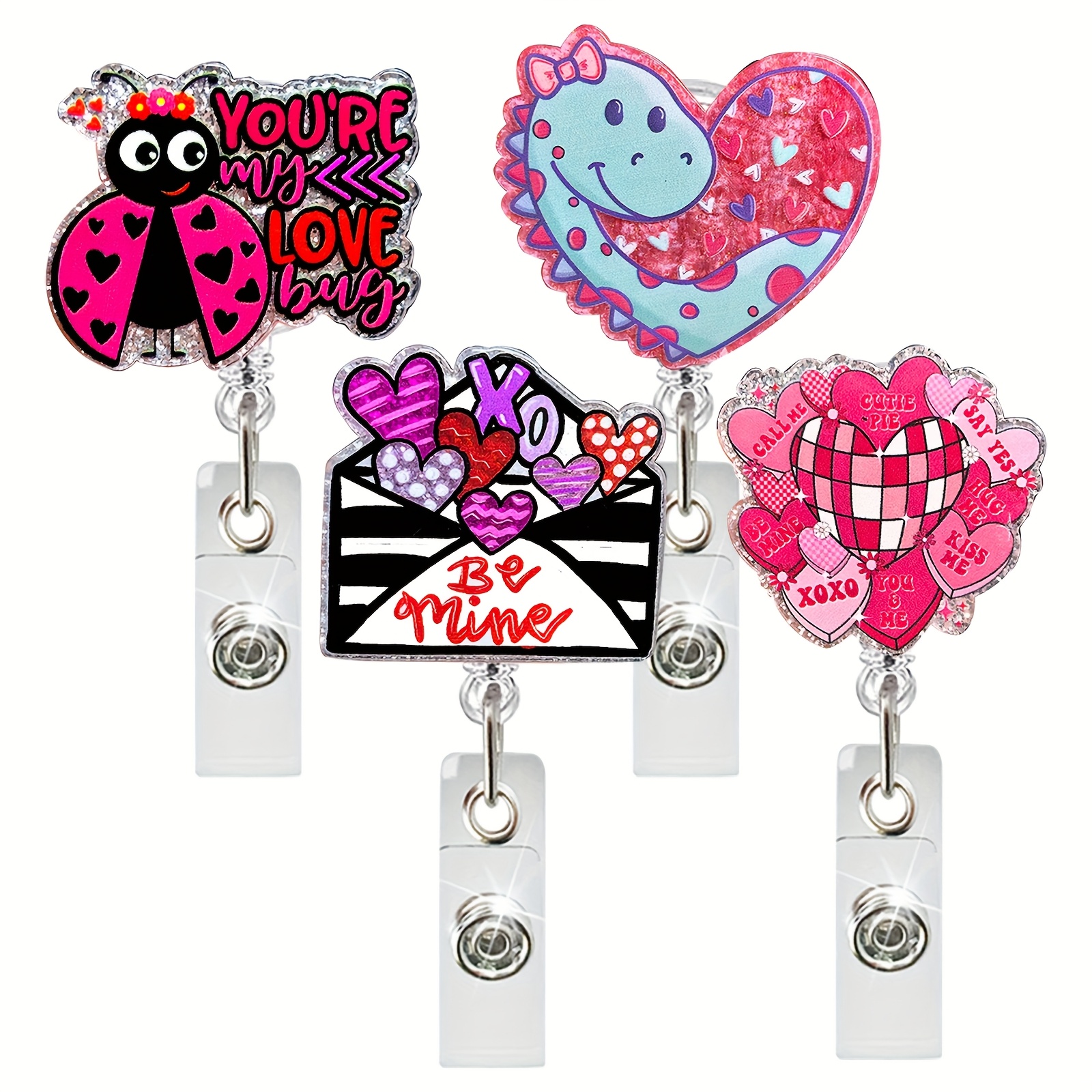 

Valentine's Ladybug Dinosaur Envelope Love Badge Reel Retractable Glitter Cute Acrylic Alligator Clip Valentines Badge Clip Funny Id Card Badge Holder For Nurse Work Teacher Rn Office Staff Student