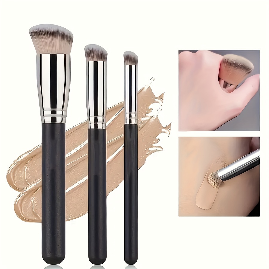 

Makeup Brushes Set– 3pcs Pro Angled Foundation Brush/flawless Flat Concealer Brush/mini Brush, Under Eye For Concealer Brush For Powder Blending, , Nose Contour