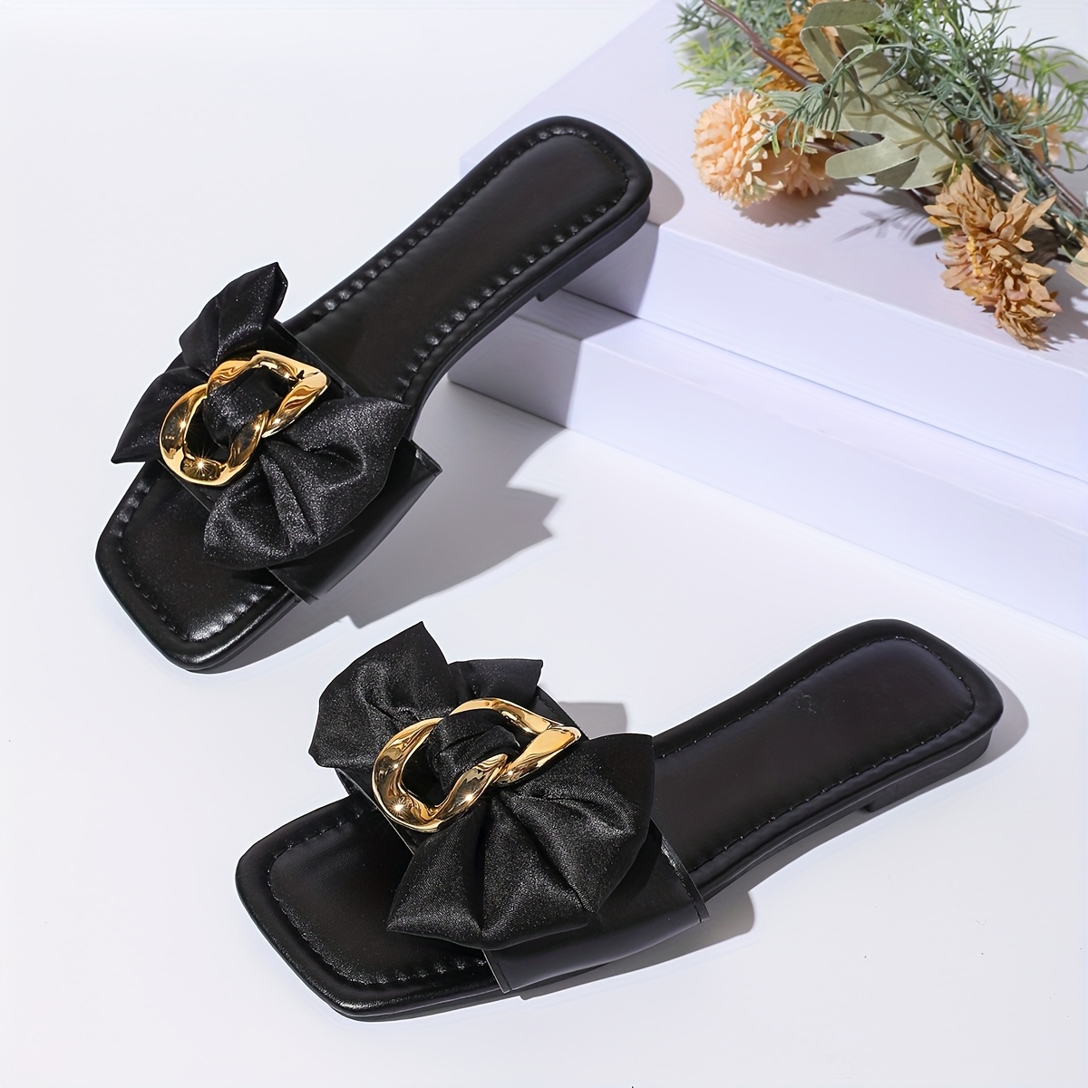 TEMU New Women' Toe Fashion Flat Slippers, Single Strap Comfortable Temperament Bow Slip-resistant Casual Versatile Slippers, Comfortable And Durable