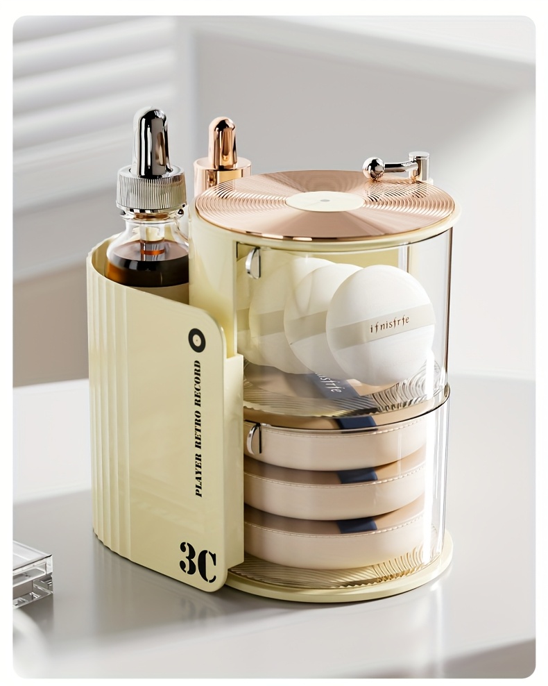 luxury 3c rotating makeup brush puff storage box dustproof multi layer design independent   desk organizer for dressing table bathroom office home use countertop mounting no electricity needed countertop organizer sleek aesthetic durable plastic makeup storage organizer makeup organizer for vanity Product details 11
