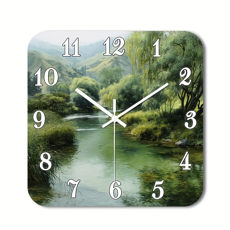 TEMU () 1pc Silent Wall Clock Non-ticking Wooden, Decorative Square Clock Hd Glossy Lamination Finish River Landscape With Greenery. Design For