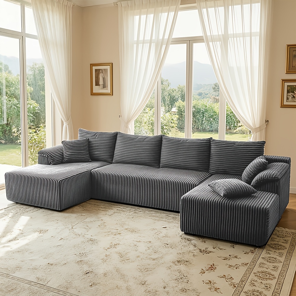 Image of A 336 Cm Long Beige Corduroy U-shaped Sofa Ready For Immediate Use, Featuring Memory Foam Padding For High Seating And The To Recline ( Style, Suitable For Spacious Rooms, No )