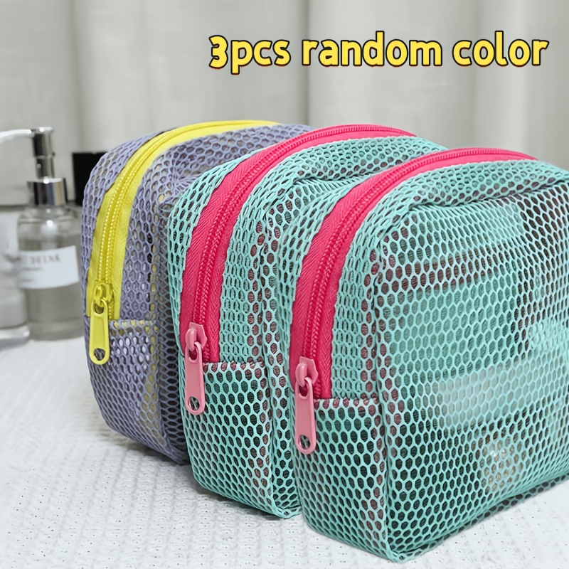 TEMU 3pcs Set Large Capacity Mesh Makeup Bags, Random Colors, Purple-green Transparent See-through Travel Toiletry Bags, Multi-compartment Design,